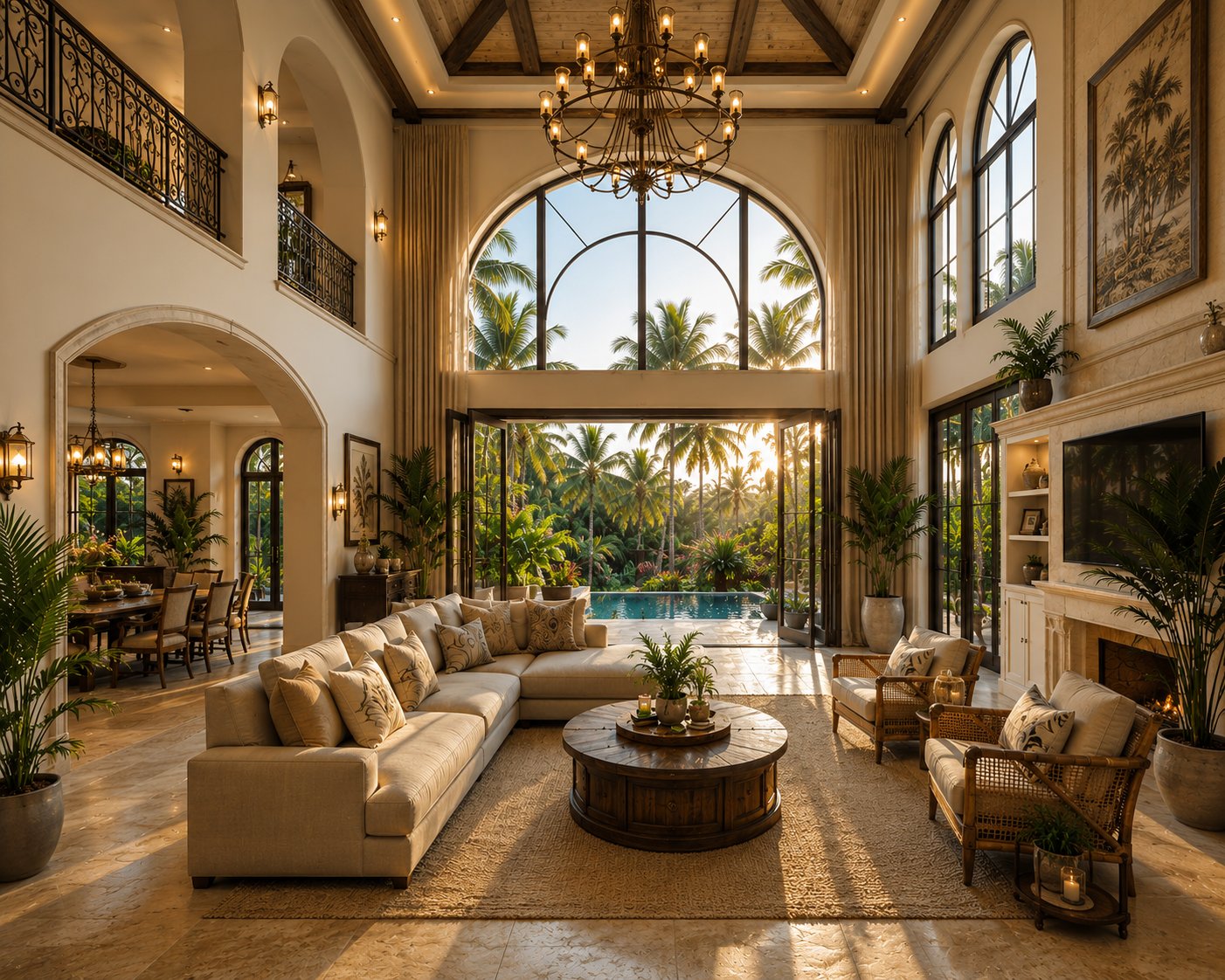 Minimalist villa interior displaying sculptural arches and natural stone textures